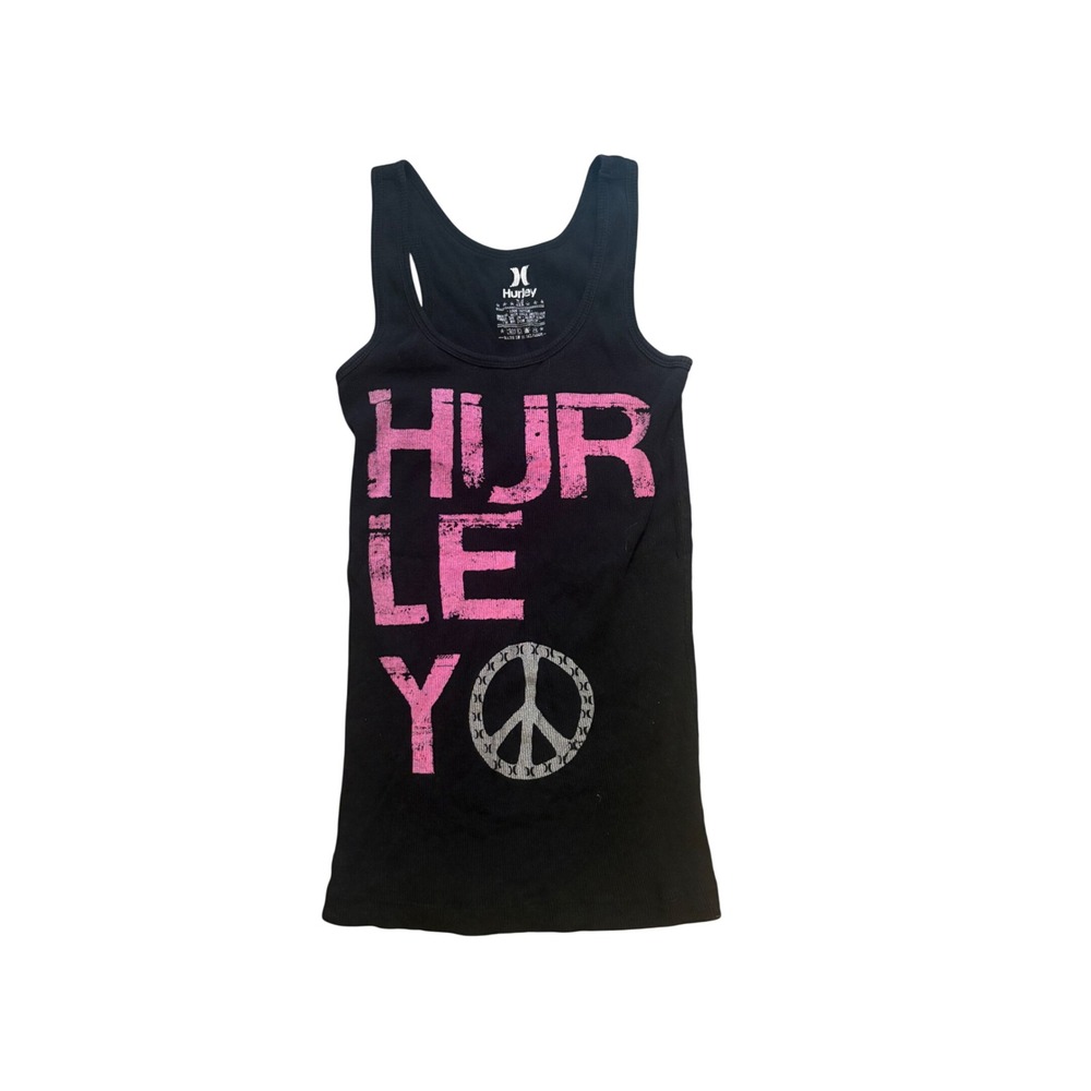 Y2K Hurley Pink Peace Sign Graphic Tank Top Medium Black 2000s Surf Skater